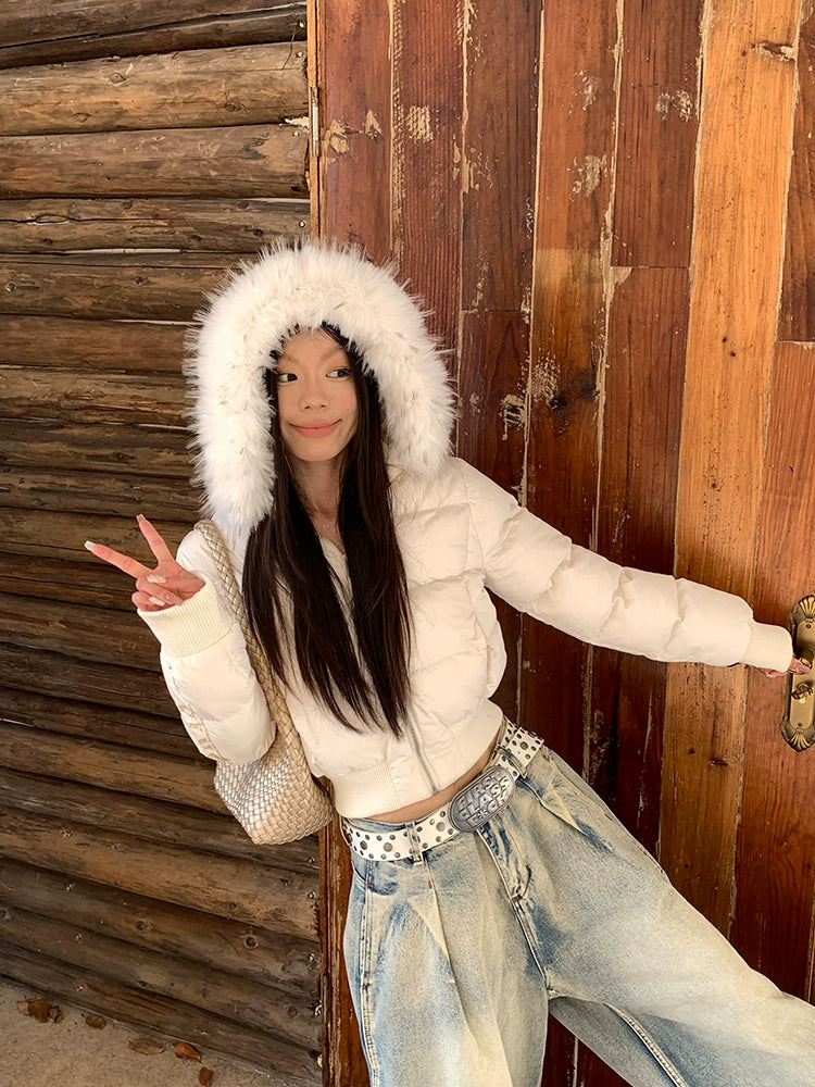 EAHO Removable Fur Collar Hooded Short Cotton Clothes