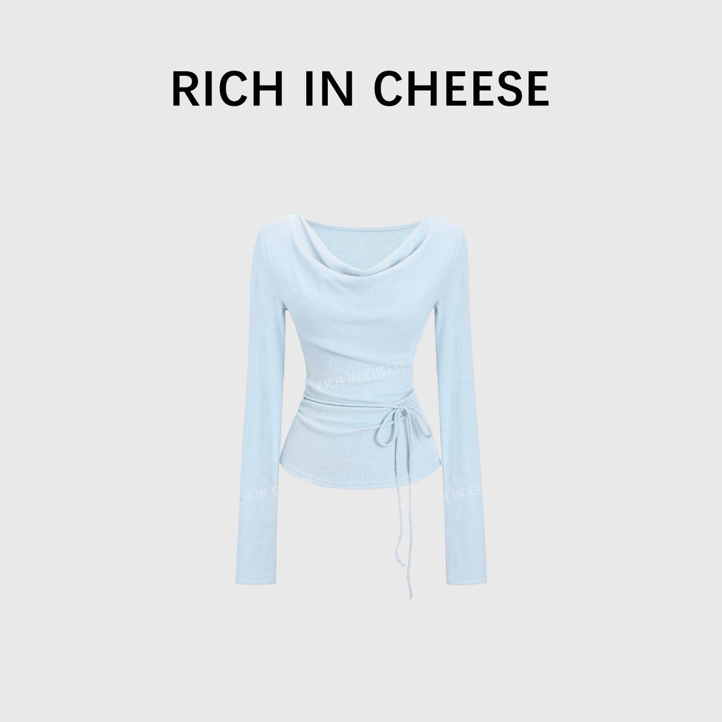 RICH IN CHEESE Pure Desire Swing Neck Knitted Waist Pleated Long Sleeves