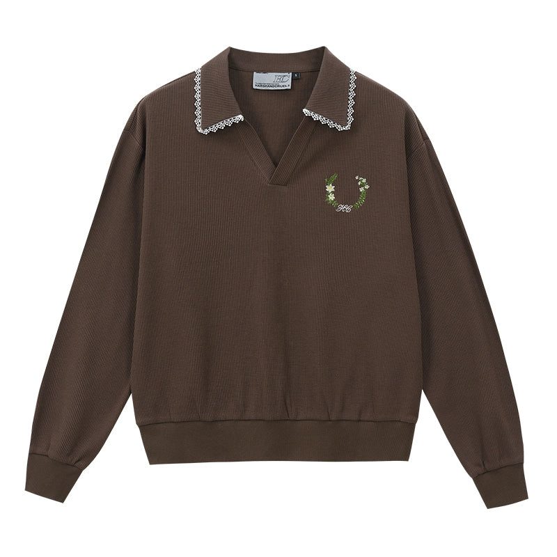 Harshandcruel Korean navy blue waffle V-neck college style lace edge loose seagull neck polo shirt