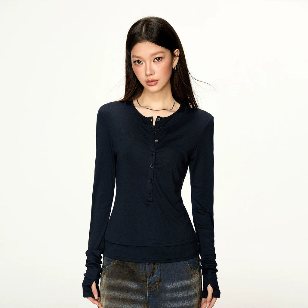 Cherry Melody Henry Shirt Collar Fake Two Long Sleeves