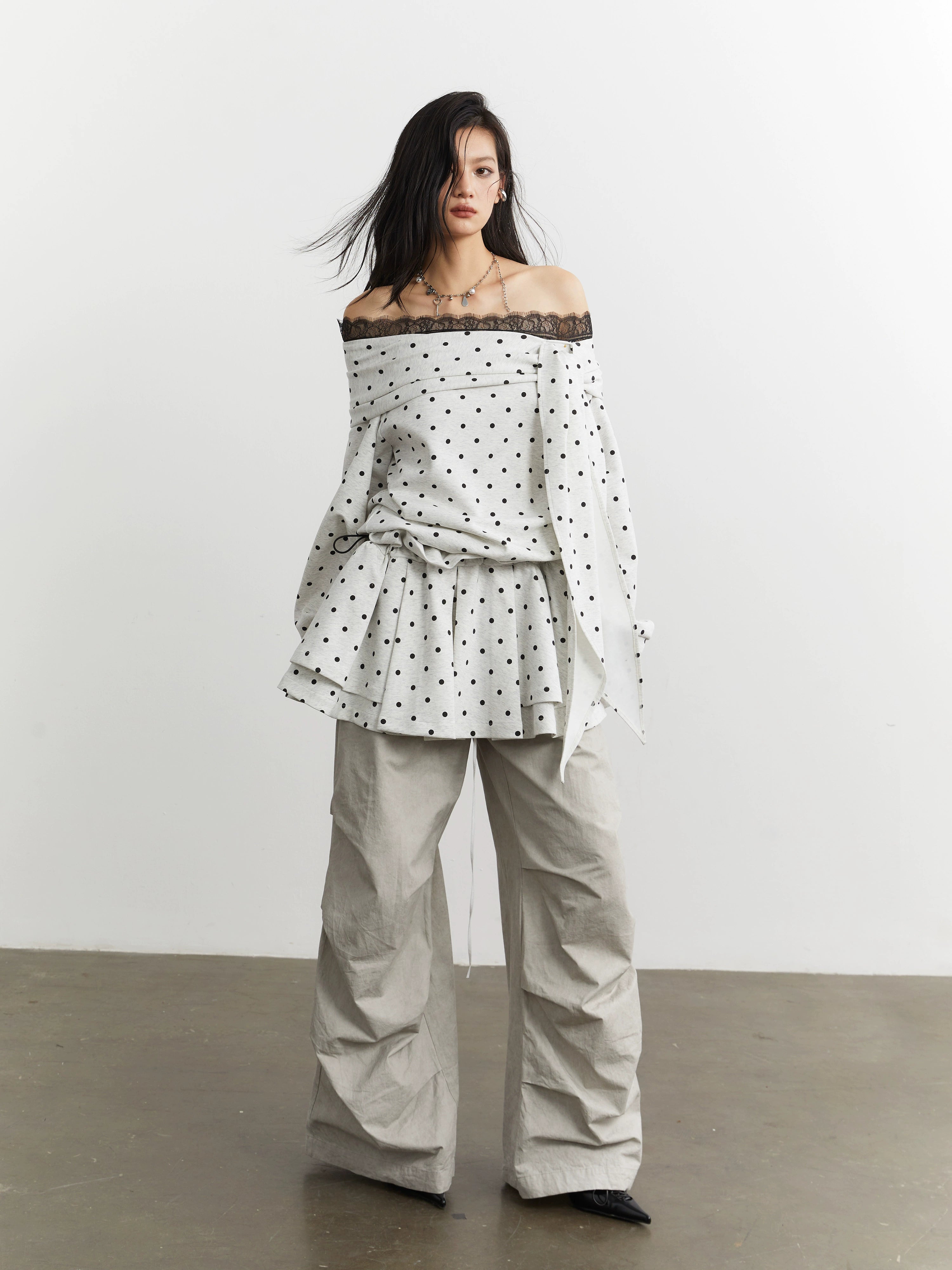 JNYLON Strappy Off-the-shoulder Polka Dot Sweater