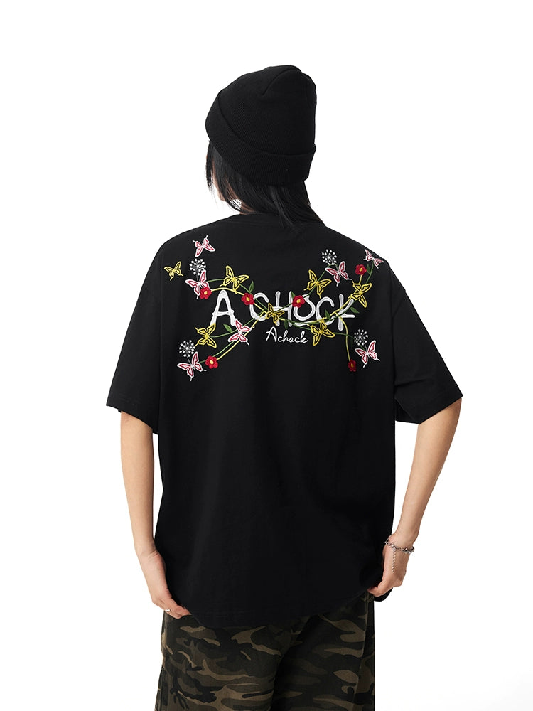 Achock Vintage Embroidered Floral Casual Tee