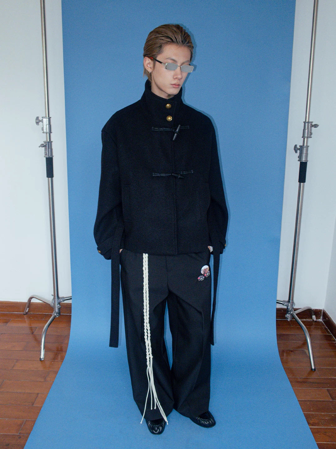 FUNKYFUN Strap-on Stand-up Collar Tweed Coat