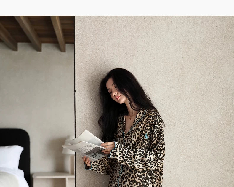YUENEI Fashion Leopard Print Ice Silk Long-sleeved Trousers Pajamas