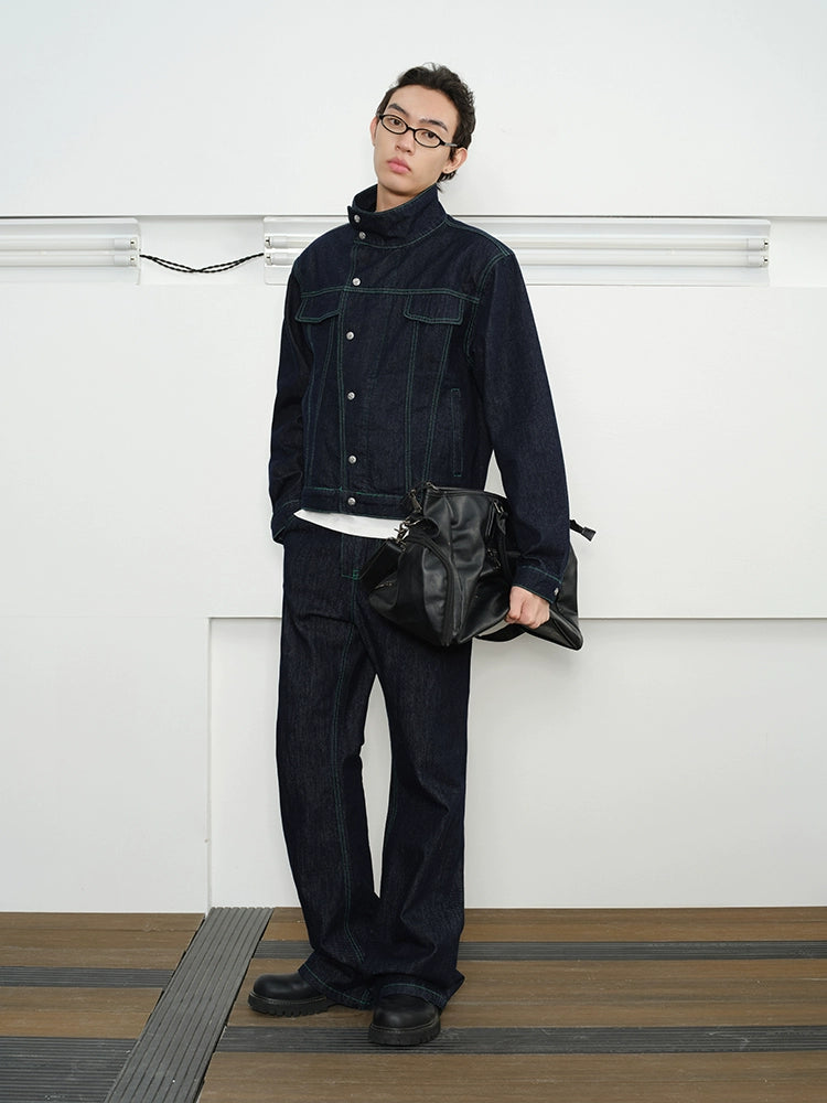 KREATE Contrasting Bright Line Diagonal Placket Stand-up Collar Denim Jacket