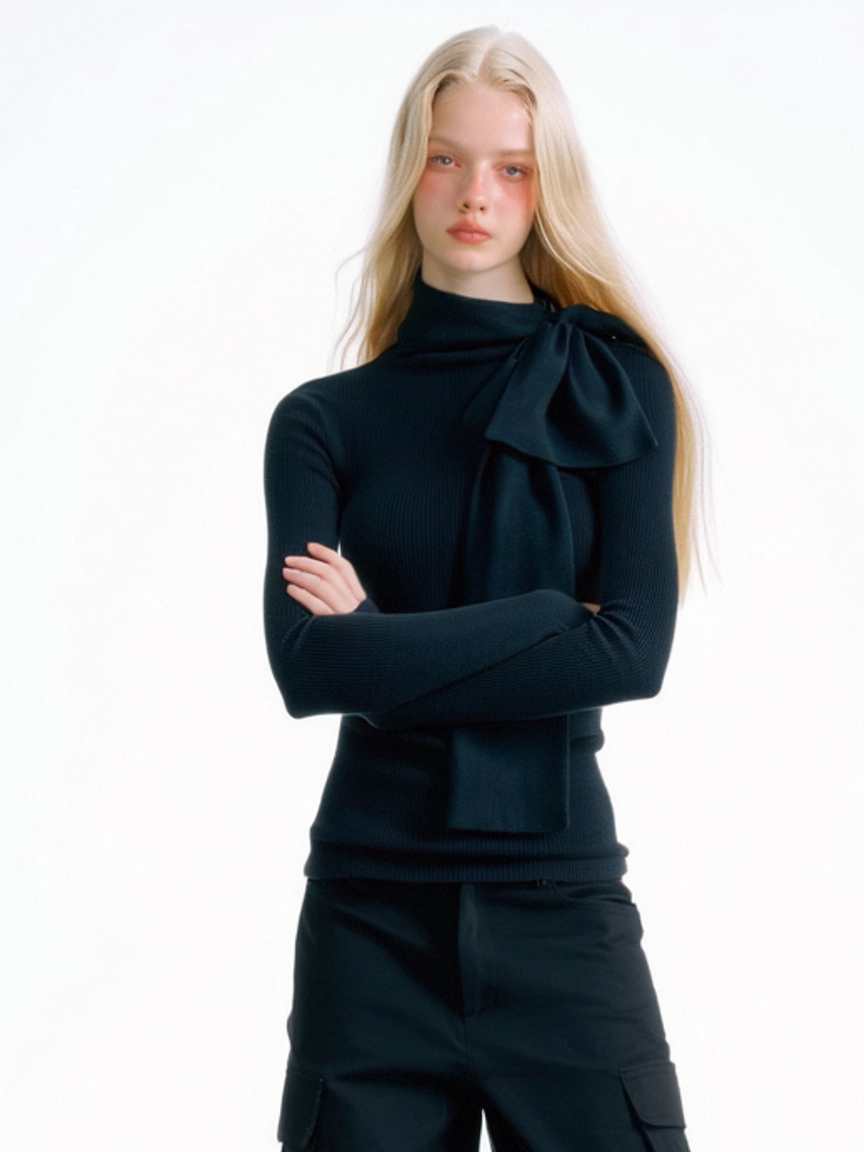 SUREENOUGH Bow Ribbon Knitted Bottom Long Sleeve