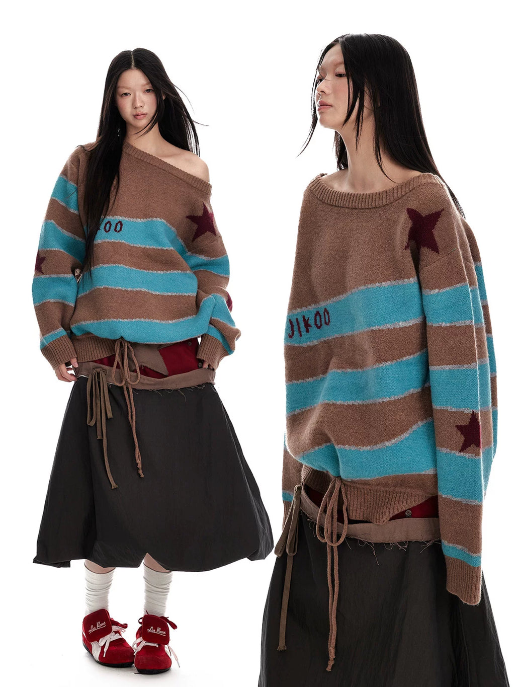 Jikoo Contrasting Color Splicing Jacquard Loose Striped Sweater