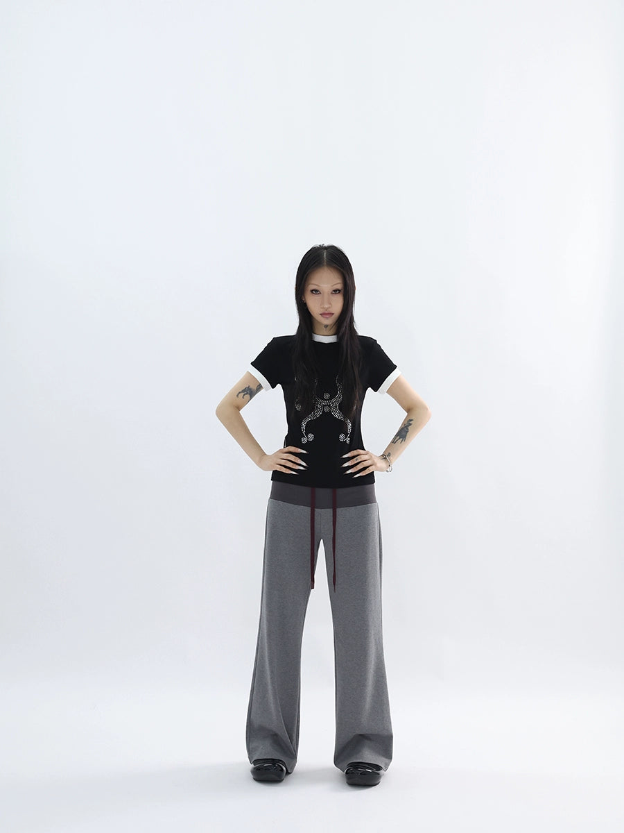 FUZZYKON Color Matching Elastic Micro-pull Rope Low-rise Sweatpants