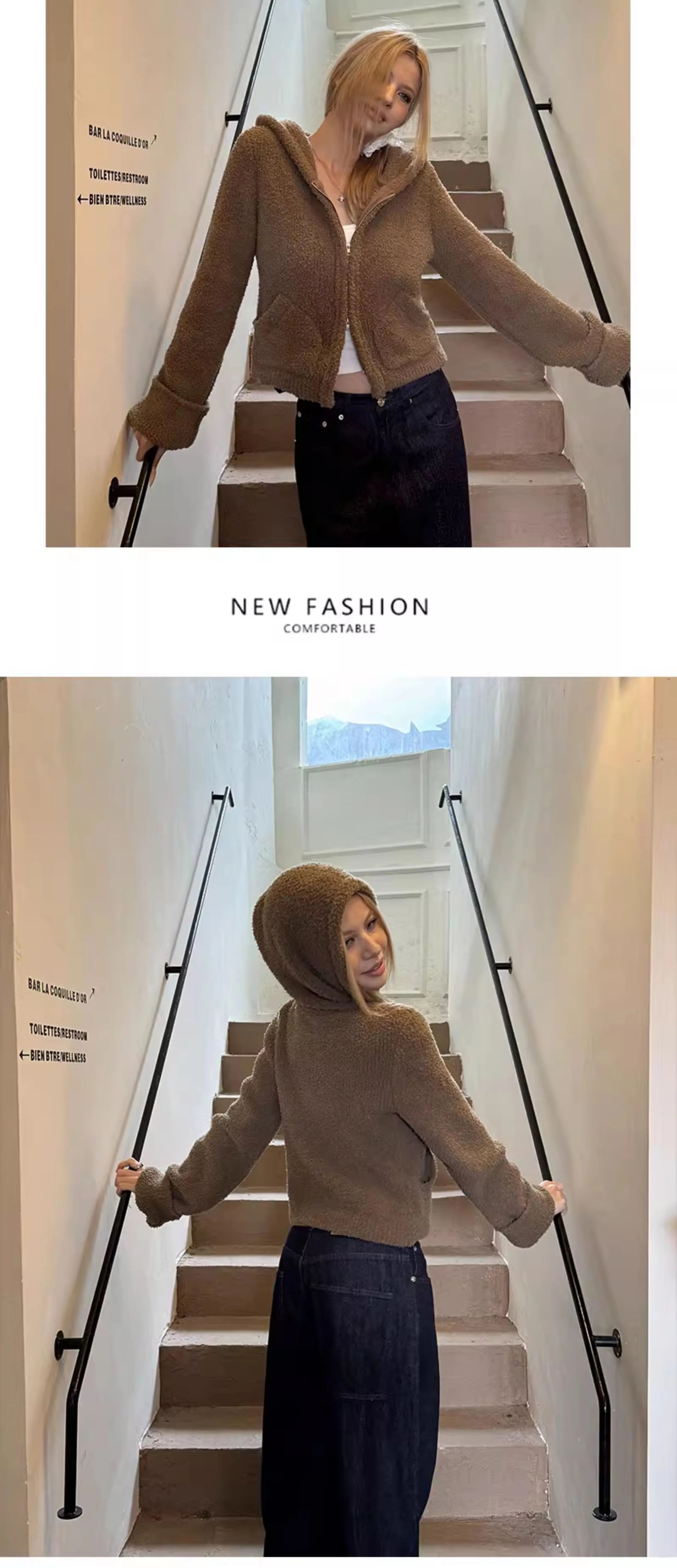 Audwyn Soft Waxy Vintage Hooded Double Zip Knitted Cardigan Jacket