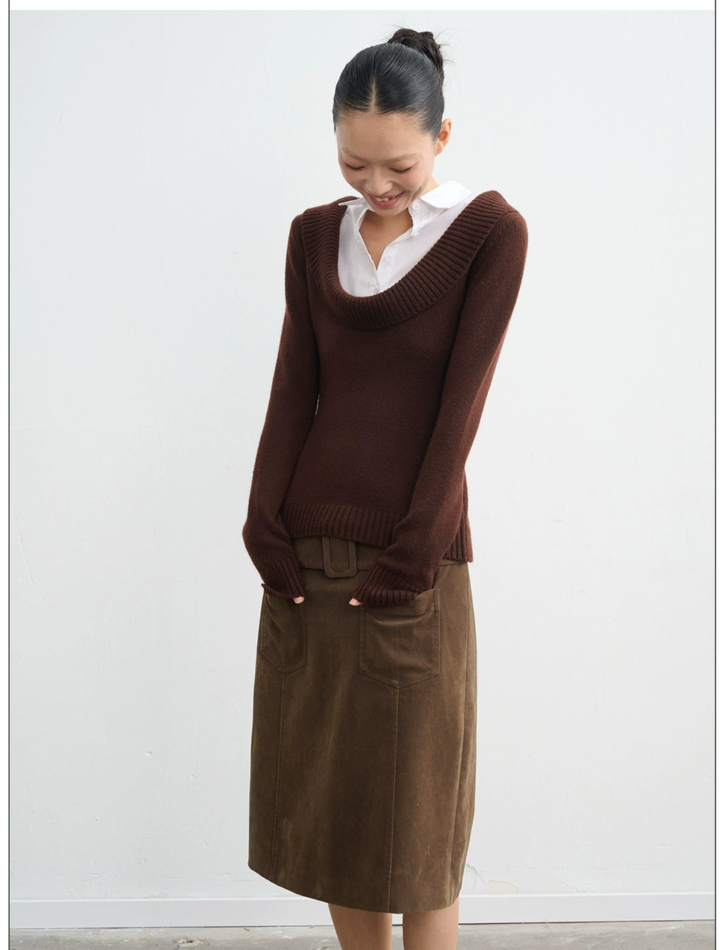 LINY LIBERTY Deep U-neck Fake Two-piece Slim-fit Knitted Sweater
