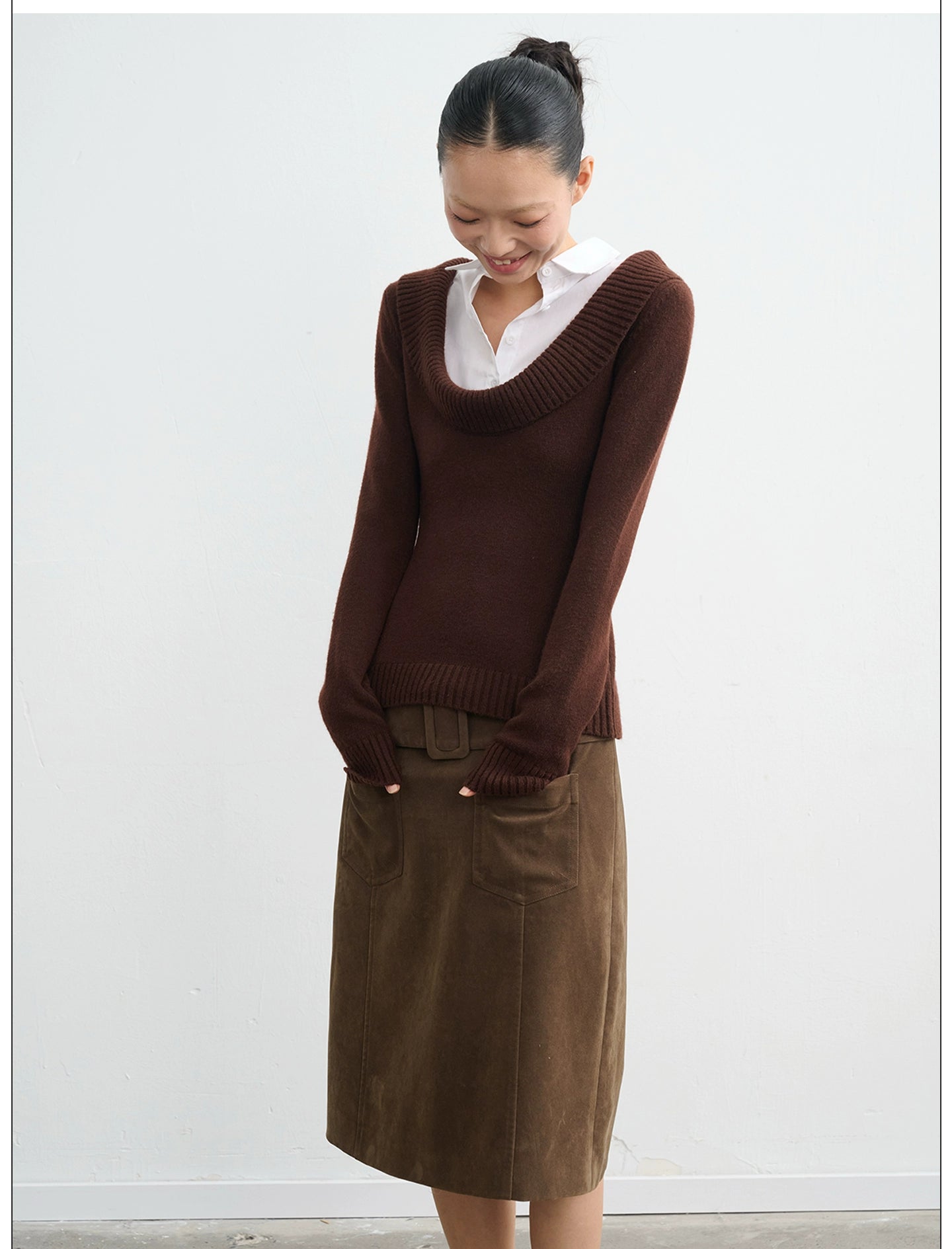 LINY LIBERTY Deep U-neck Fake Two-piece Slim-fit Knitted Sweater