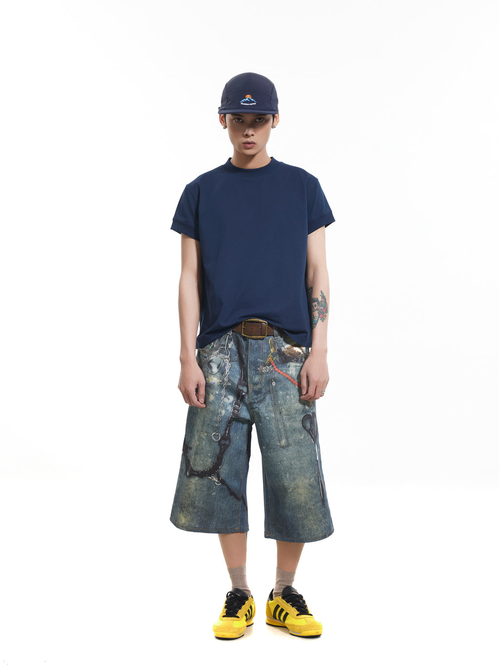 BTSG 3D digital printing ink splashing chain denim shorts