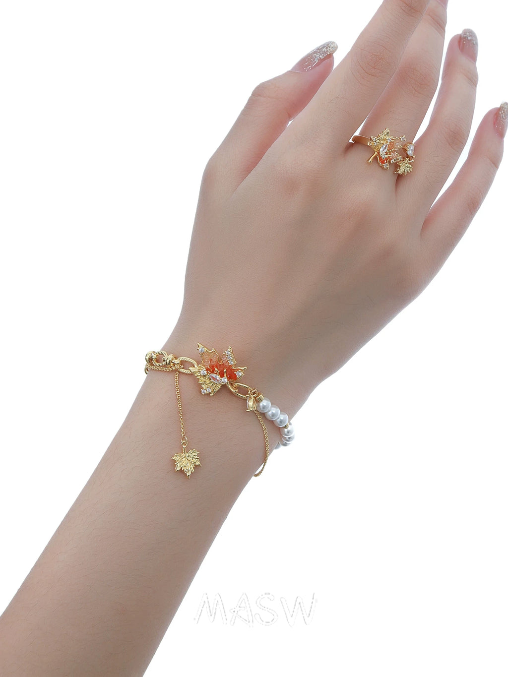 MASW Splicing Pearl Sunset Orange Maple Leaf Bracelet