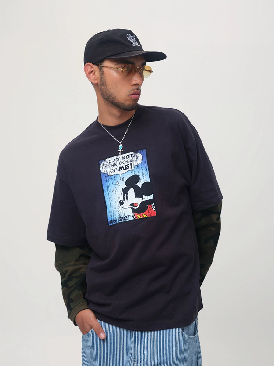 ComicTree Camouflage Fake Two Piece Cartoon Mickey Crew Neck Long Sleeve