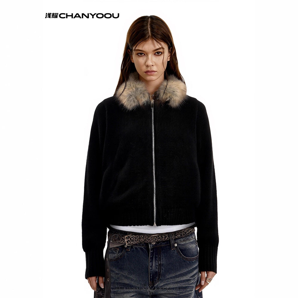 CHANYOOU Vintage Fur Neck Knitted Sweater Jacket