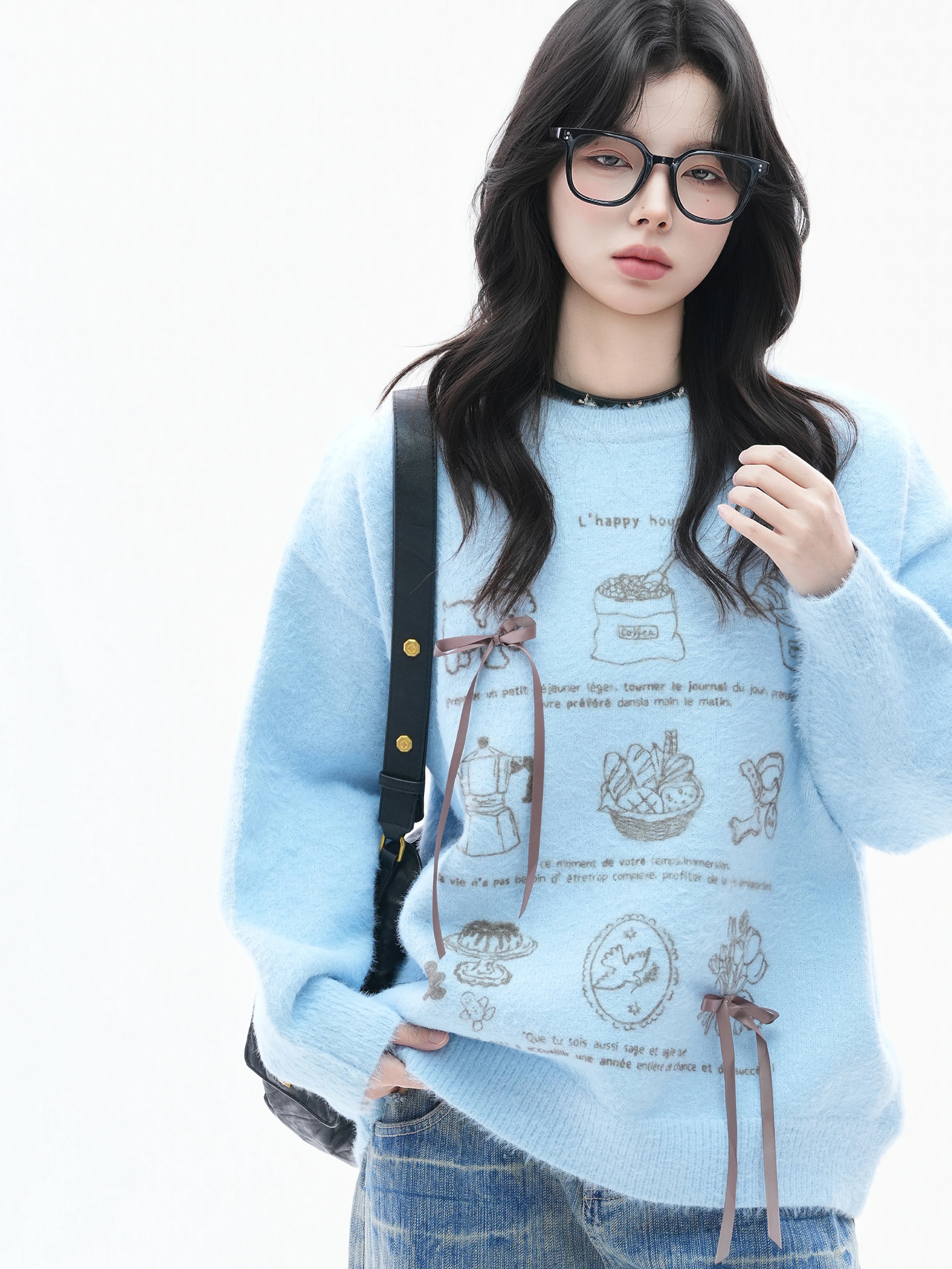 Zuocisankon Soft Waxy Knitted Bow Jacquard Sweater