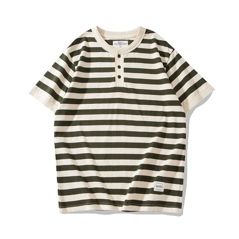 PrintAce Vintage Knitted Striped Henry Collar Button Tee