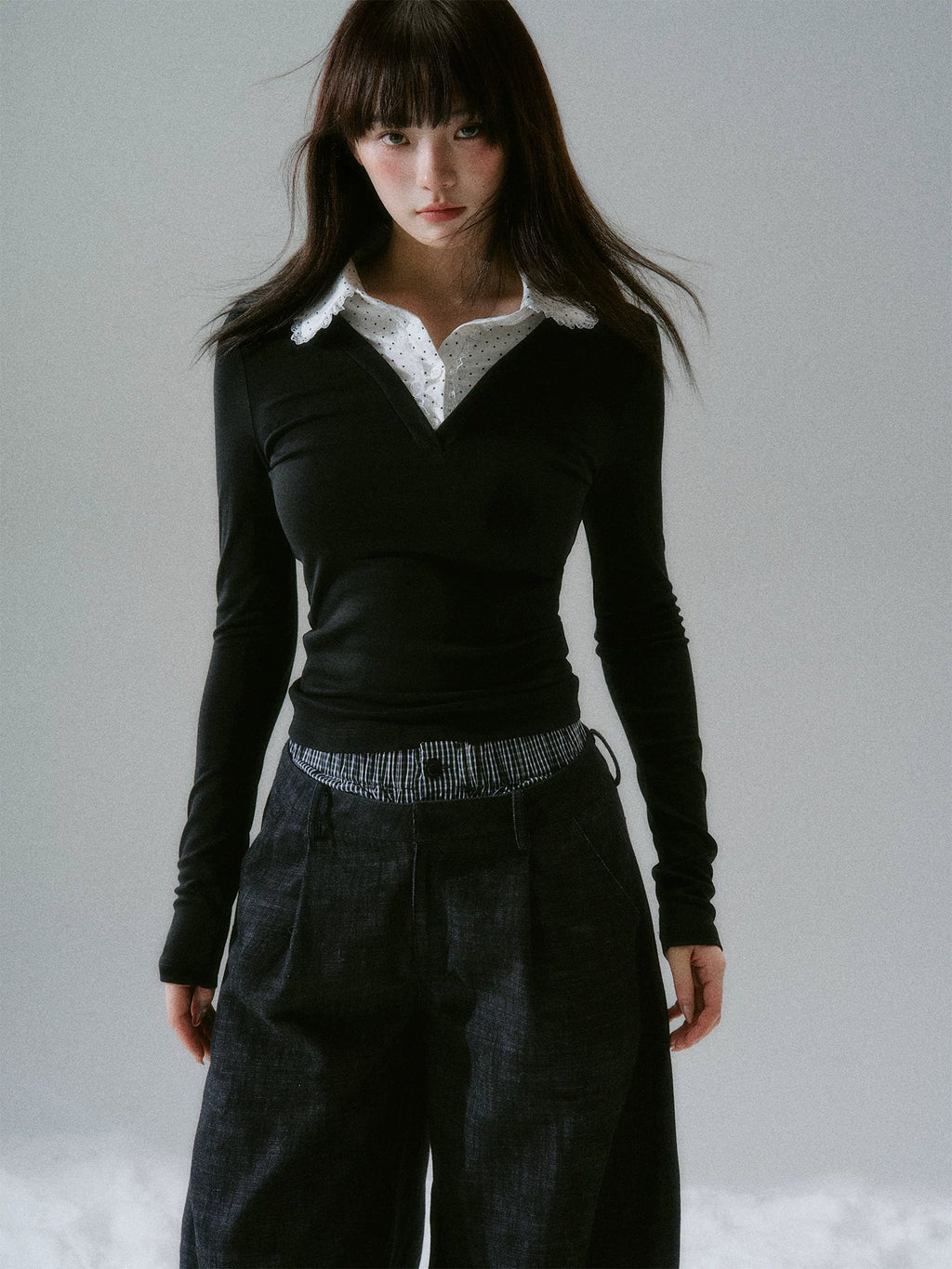 LOST FOREST Splicing Doll Crew Neck Lace Stretch Long Sleeve