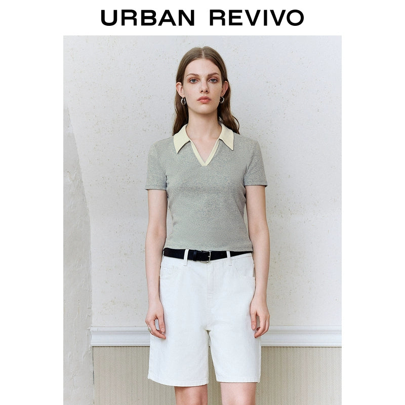 URBAN REVIVO Simple Contrasting Lapel Slim Tee