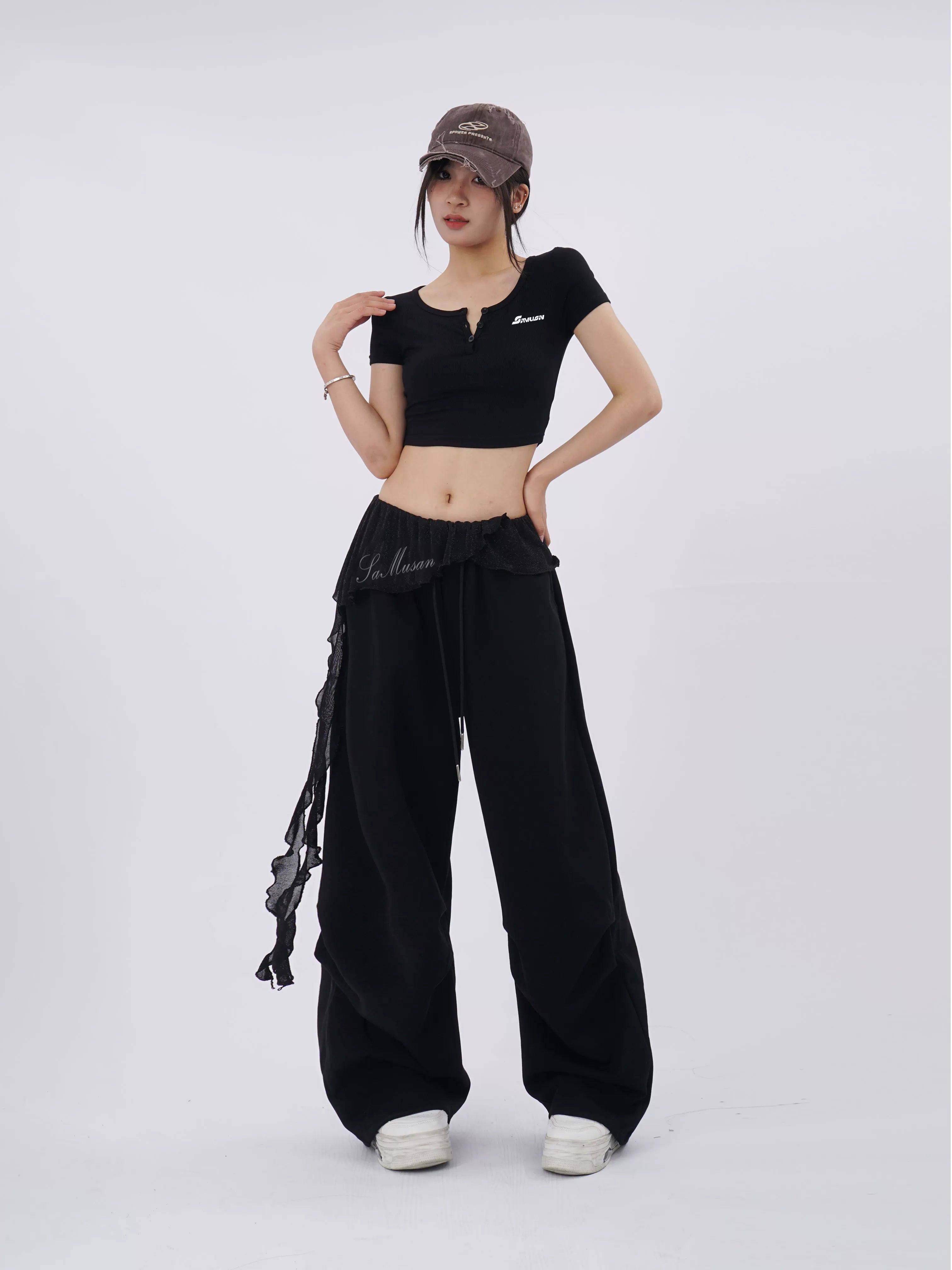 SAMUSAN Mesh Long Streamer Splicing Loose Wide-leg Pants