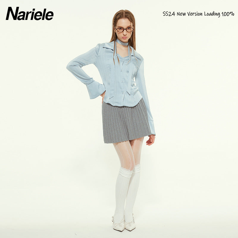 Nariele Embroidered Ribbon Short Long Sleeve Shirt