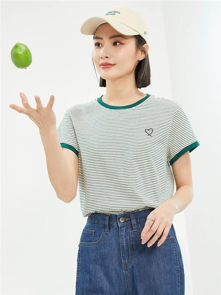 Giordano Nautical Heart Embroidery Striped Crew Neck Tee