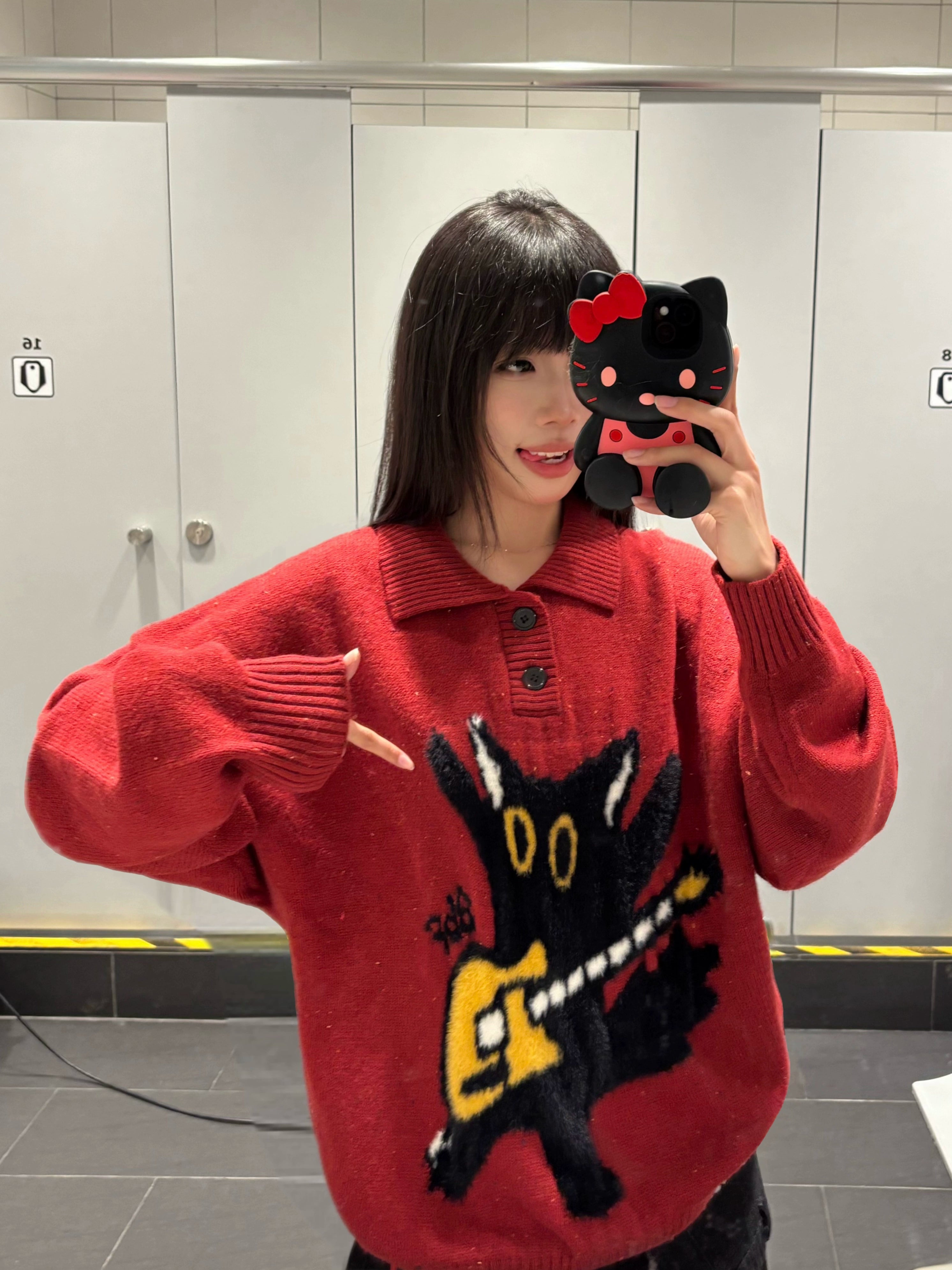 BF. BORFEND Vintage Fun Cat Jacquard Polo Collar Sweater