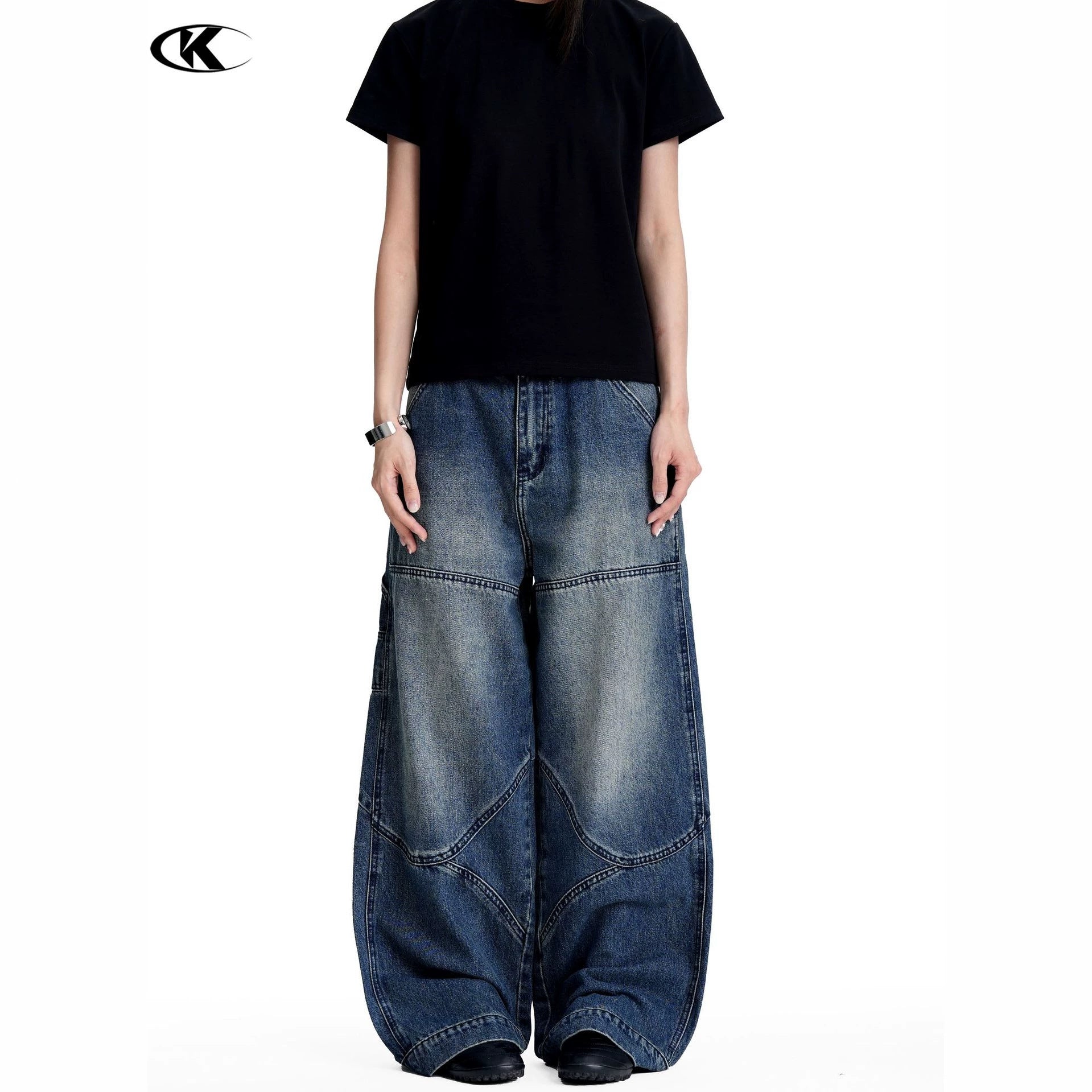 11KN Retro Loose Deconstruction Splicing Straight Jeans