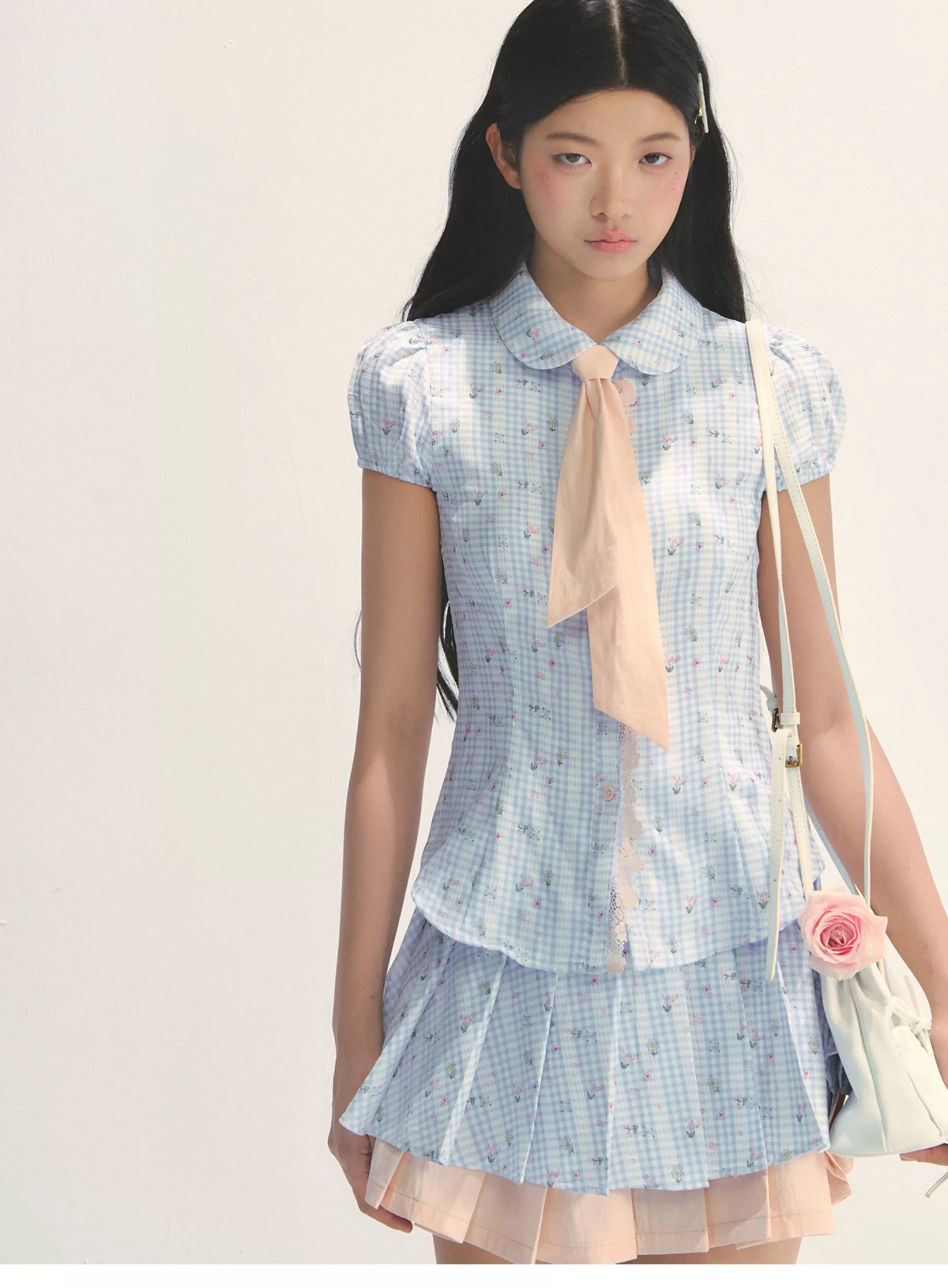 SunsetPark Floral Contrasting Plaid Shirt Pleated Skirt Set
