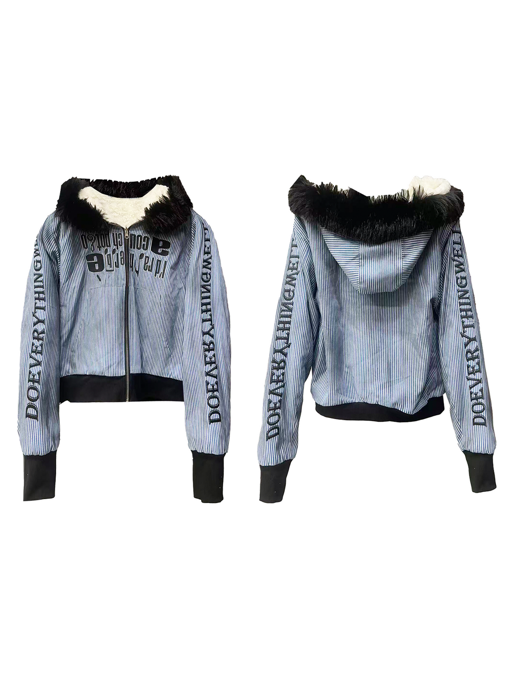 DETW Striped Long Fur Collar Lamb Fleece Hooded Jacket
