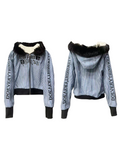 DETW Striped Long Fur Collar Lamb Fleece Hooded Jacket