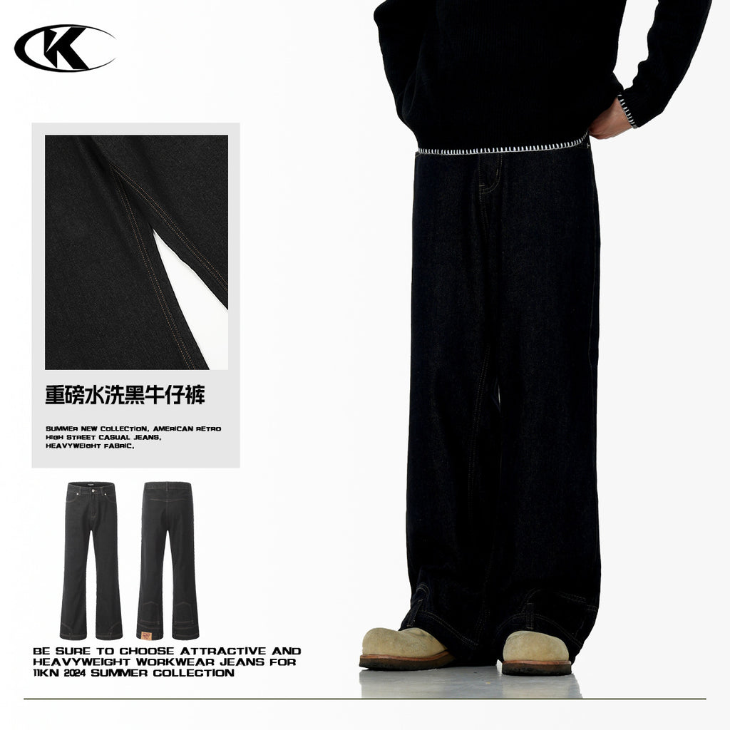 11KN Washed Black Inverted Retro Design Reverse Straight Jeans