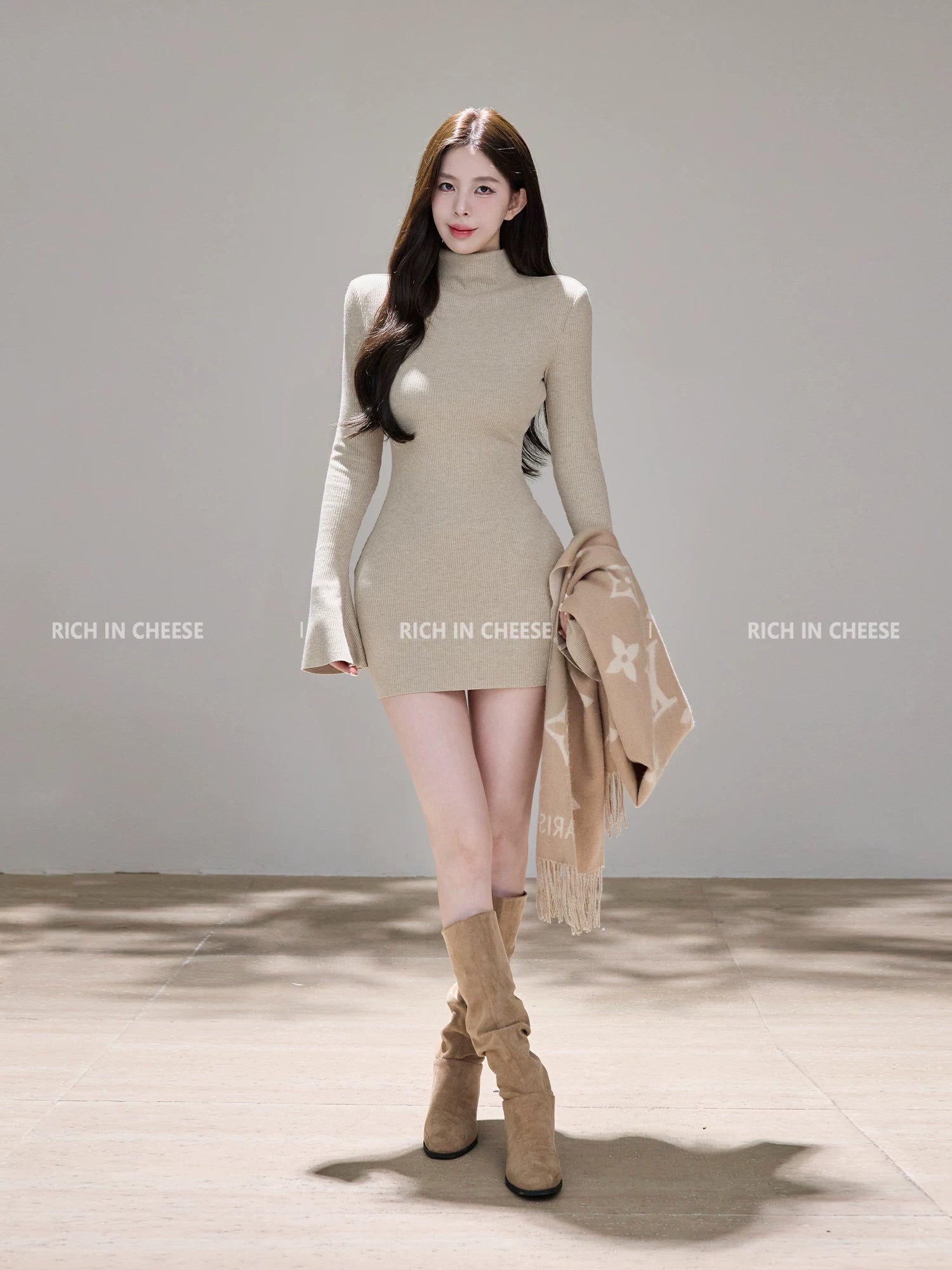 RICH IN CHEESE Waist Slim Knitted Long-sleeved Dress