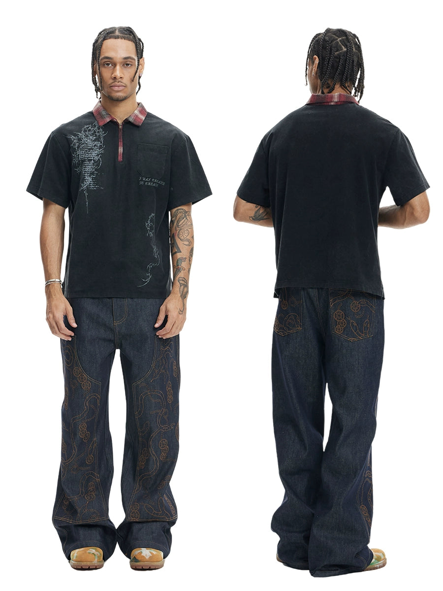 DND4DES Retro Washing Water To Make Old Plaid Lapel Polo Shirt