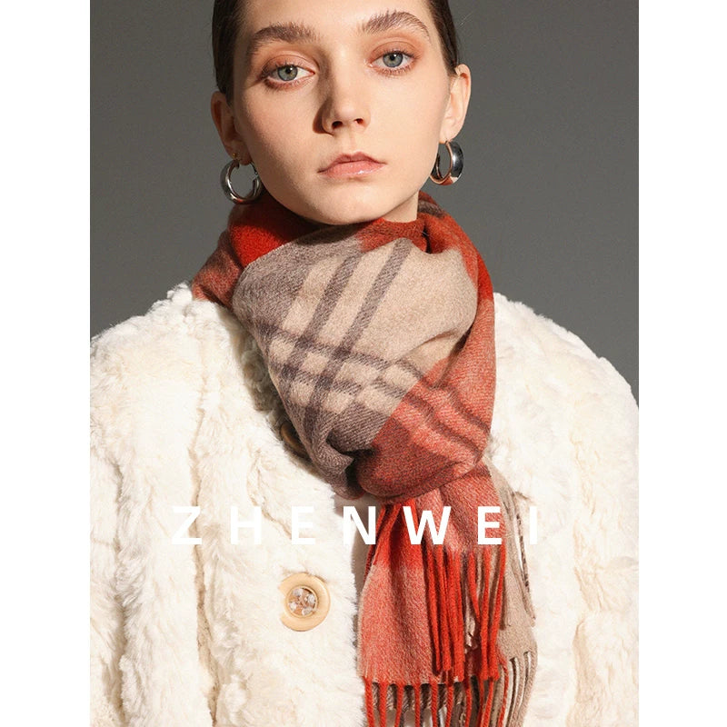ZHENWEI 100% Wool Plaid Scarf
