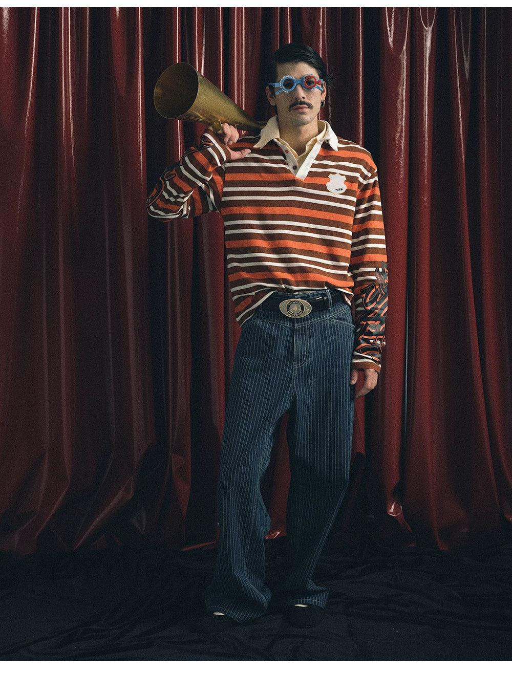 TREclub Vintage Striped Embroidered Epaulettes Polo Shirt Long Sleeve