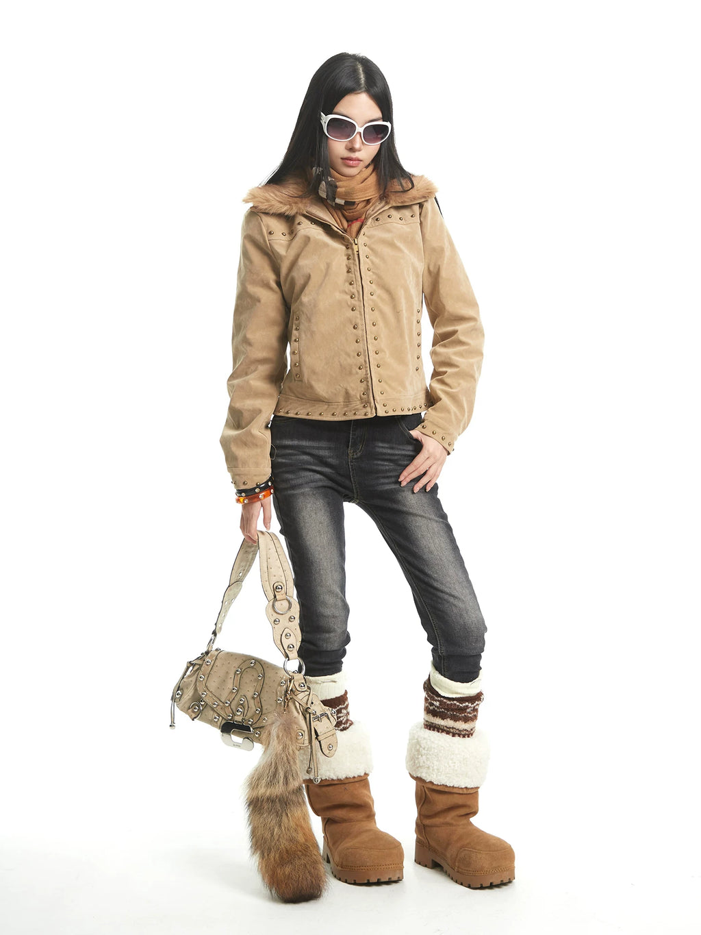 UNCMHISEX Suede Fleece Rivet Plush Lapel Padded Jacket