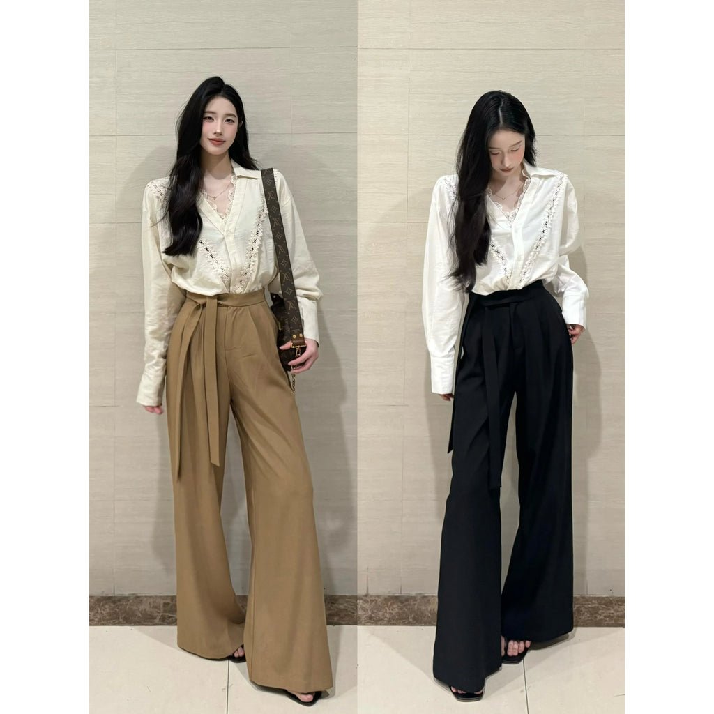 PANPANSTUDIO Simple Linen Old Money Style Shirt Wide Leg Pants Set