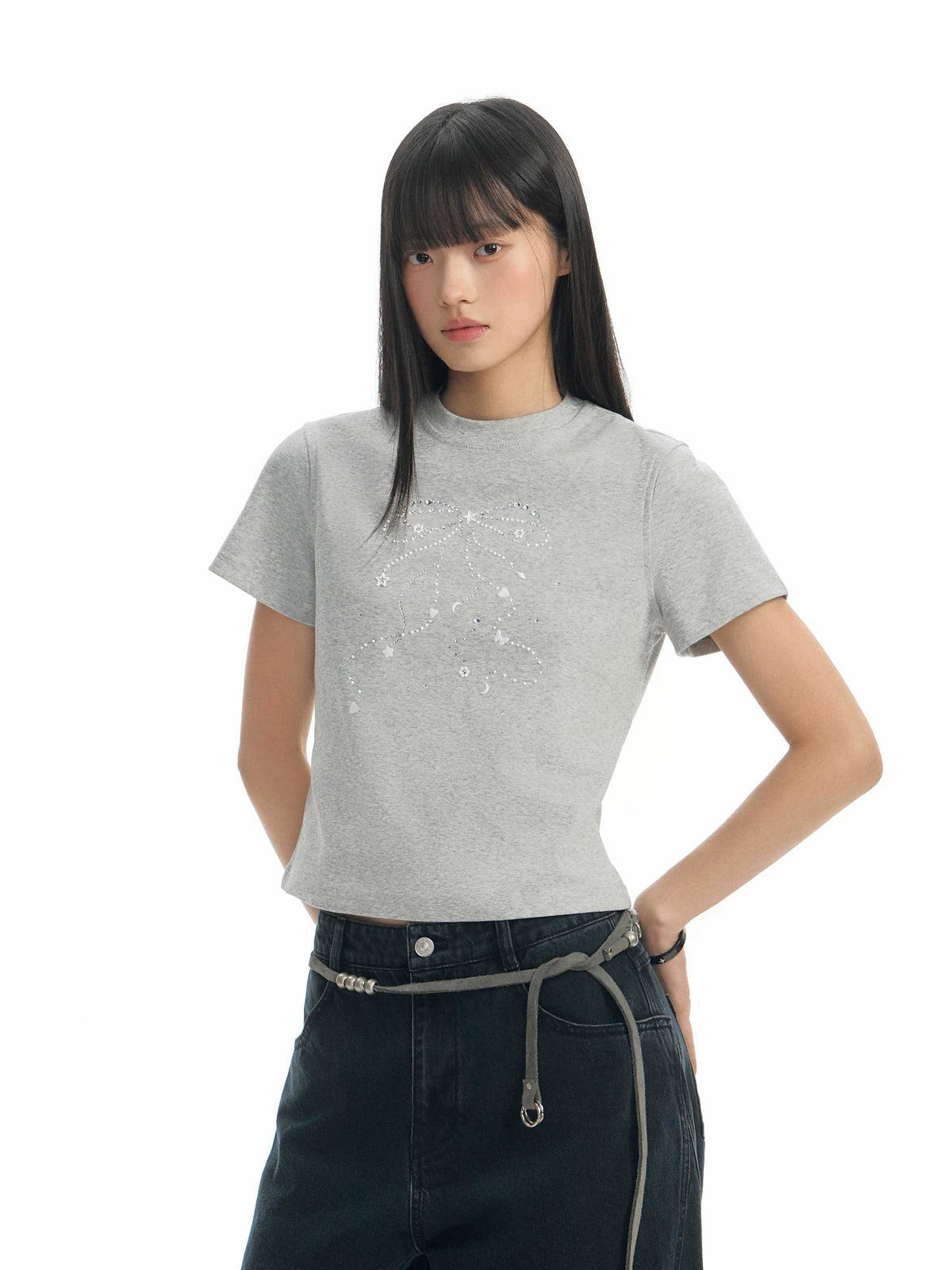 TGNS Shredded Diamond Pearl Bow Shoulder Tee