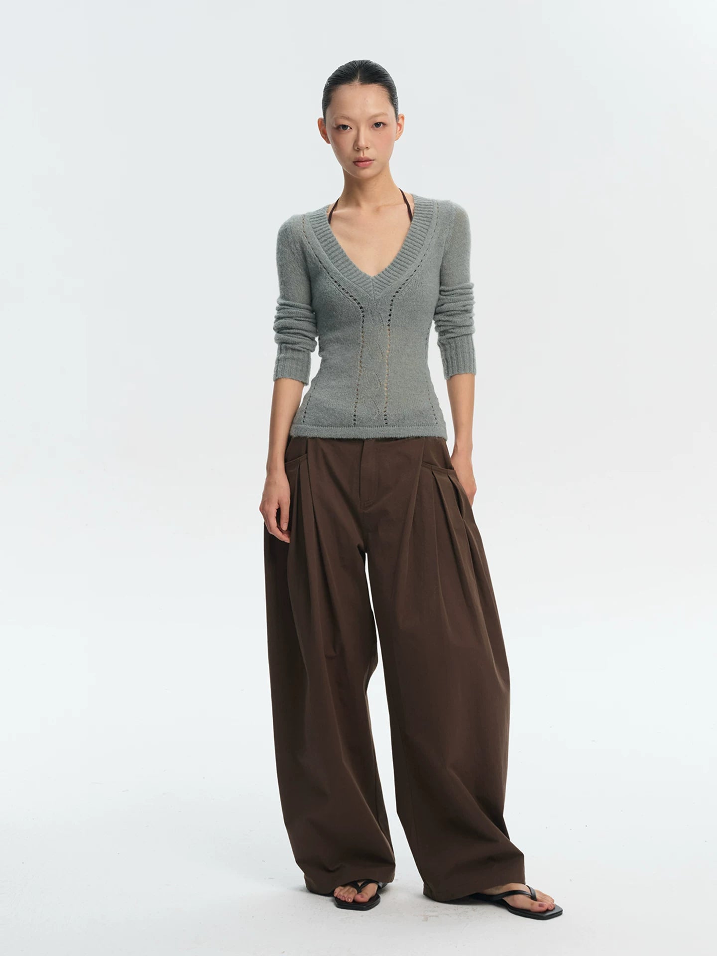 LINY LIBERTY Slim Fit V-neck Hollow Long Sleeve