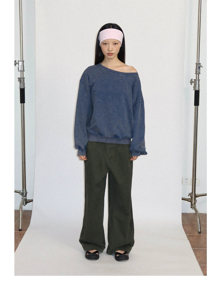 FUNKYFUN Loose Boat Collar Drop Shoulder Pullover Sweater