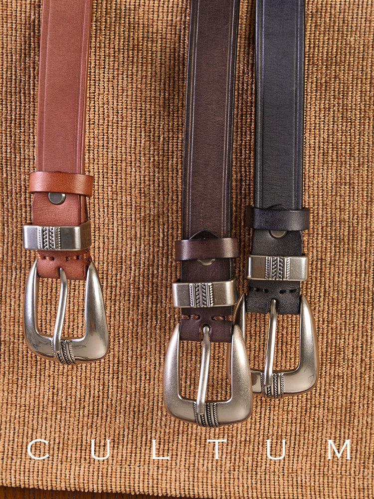 CULTUM Vintage Versatile Engraved Silver Buckle Leather Belt