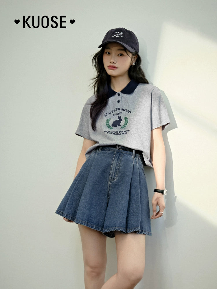 Kuose Rabbit Print Polo Collar Short Tee