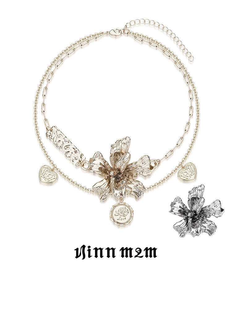 1JINN Retro Metal Three-dimensional Flower Double-layer Clavicle Chain
