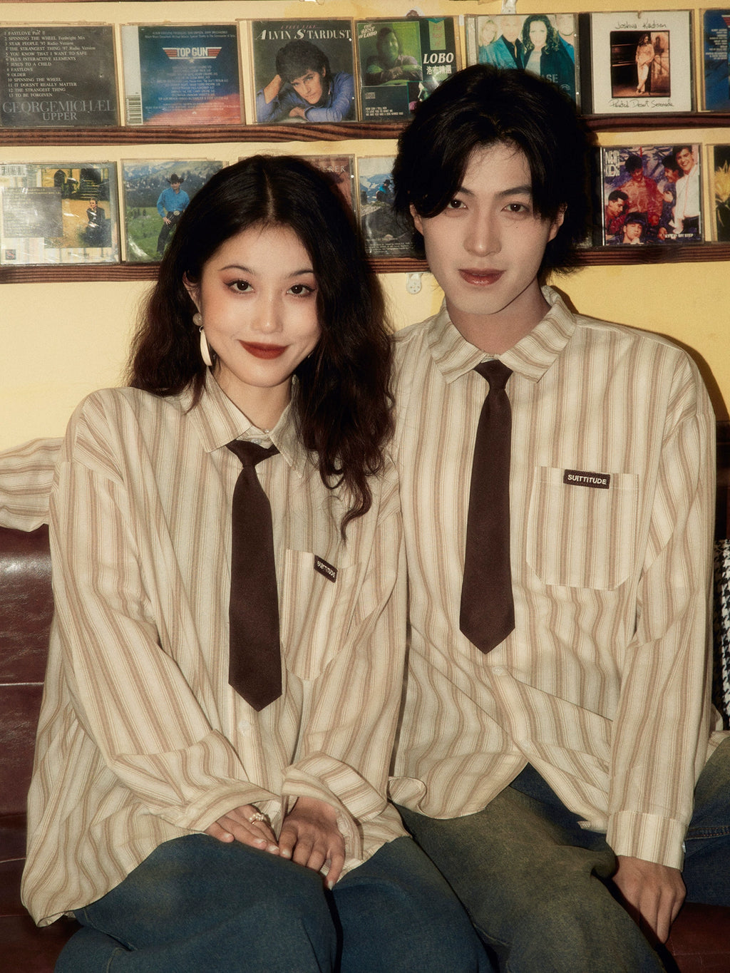 ALOHA Vintage Hong Kong Style Tie Long Sleeve Striped Shirt