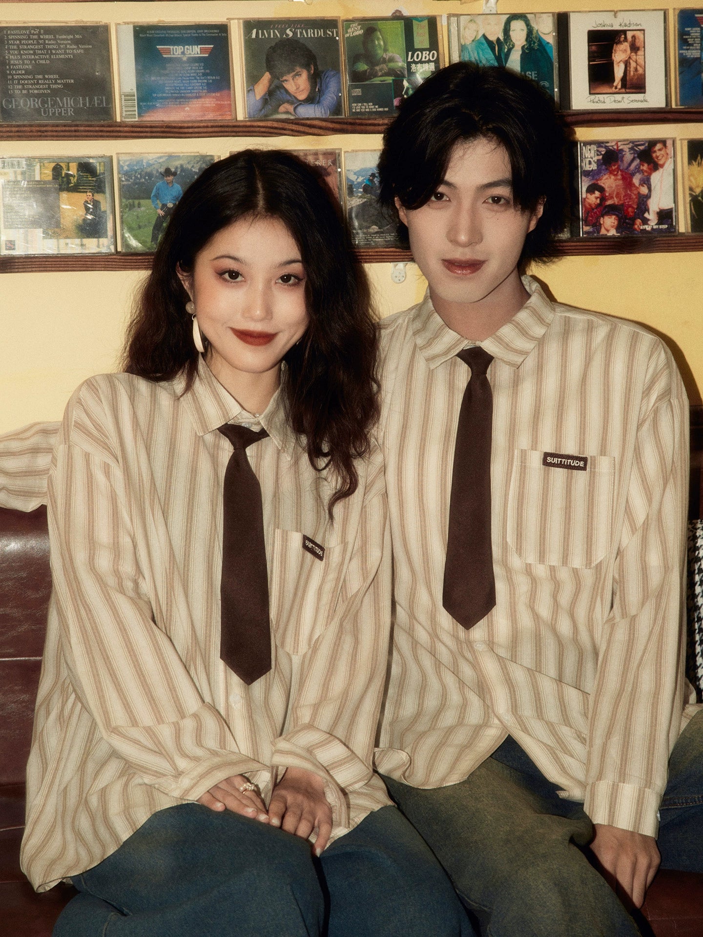 ALOHA Vintage Hong Kong Style Tie Long Sleeve Striped Shirt