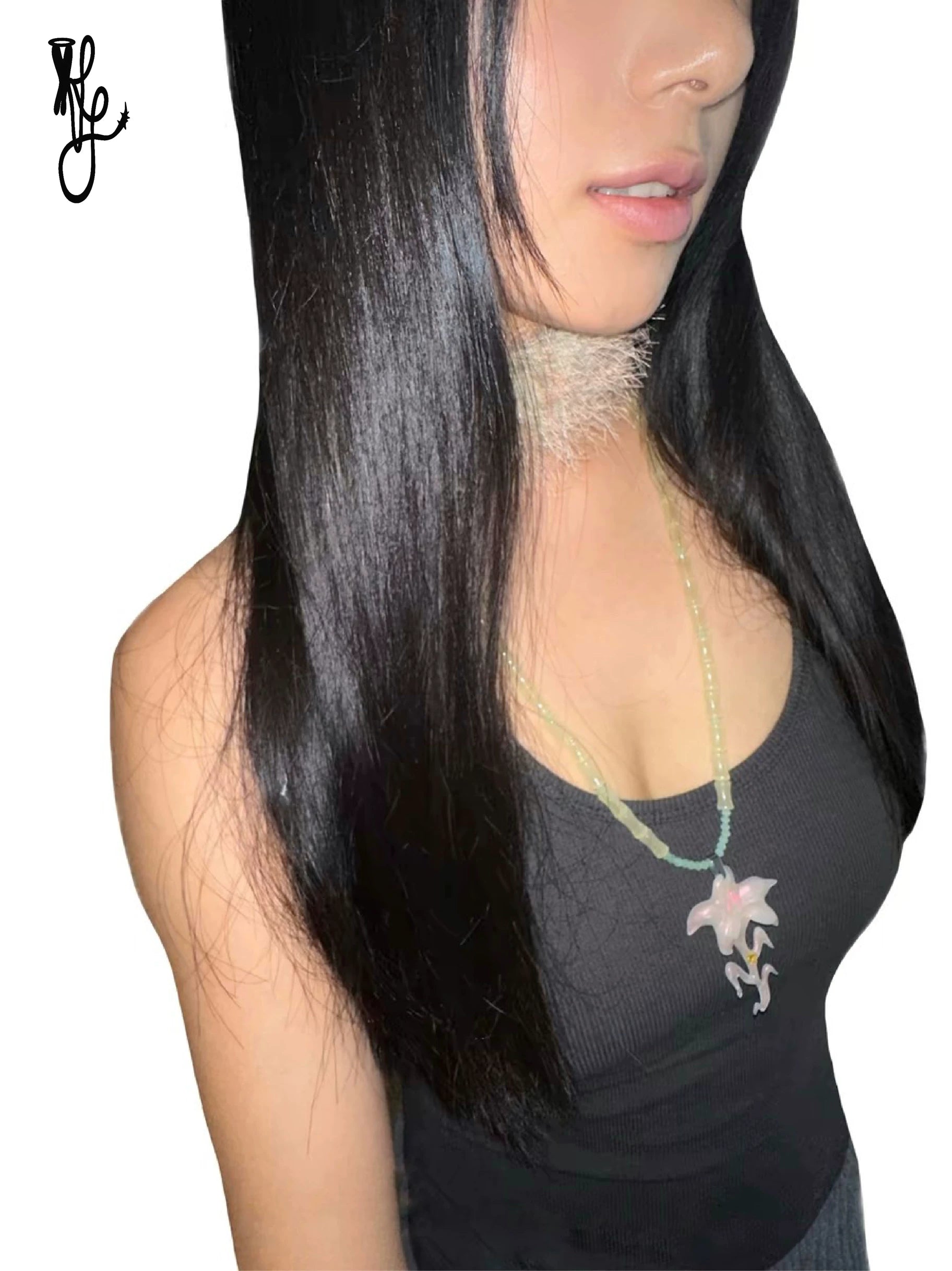 TheNewYouthPark Jade Inlaid Zircon Long Necklace