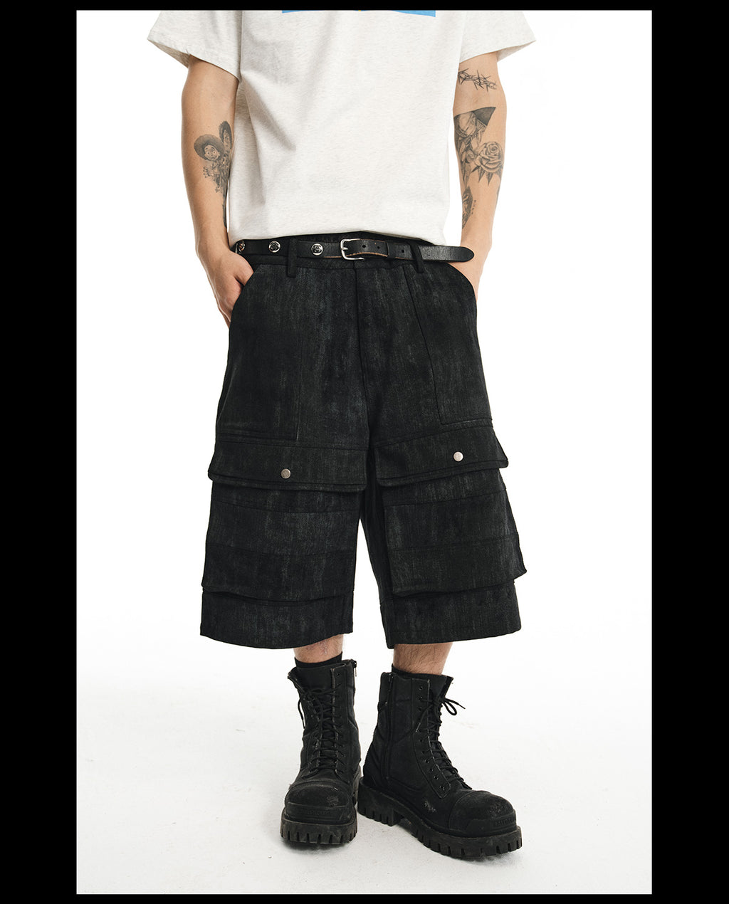 NOVACAM wasteland wind retro camouflage baggy heavy mottled old black cropped pants