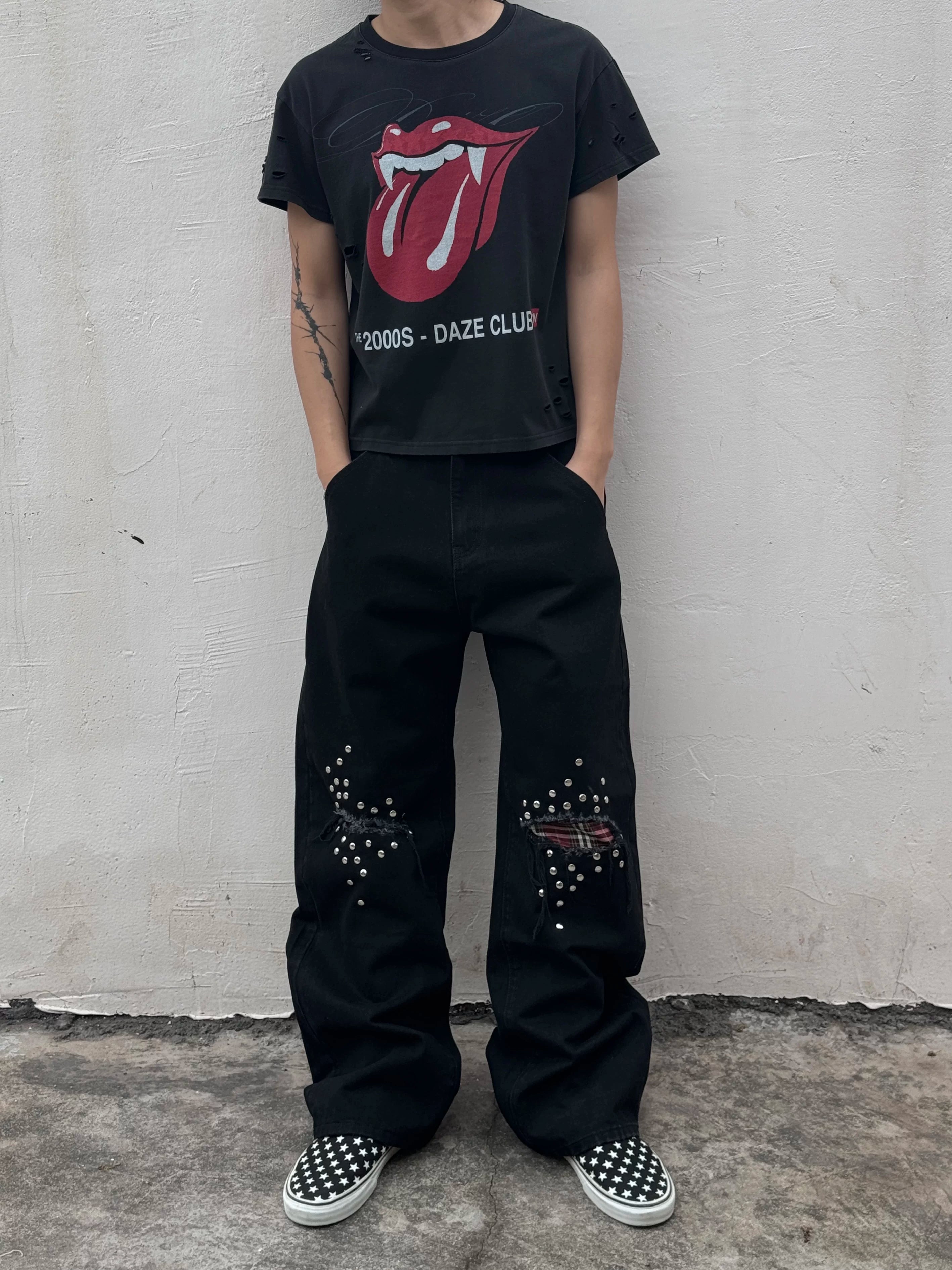 No E Mosen Plaid Stud Baggy Jeans