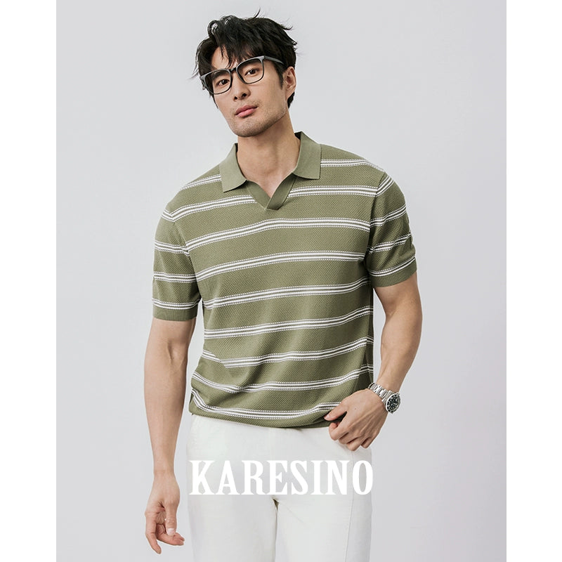 KARESINO Ice-silk Lapel-neck Striped Knitted Polo Shirt